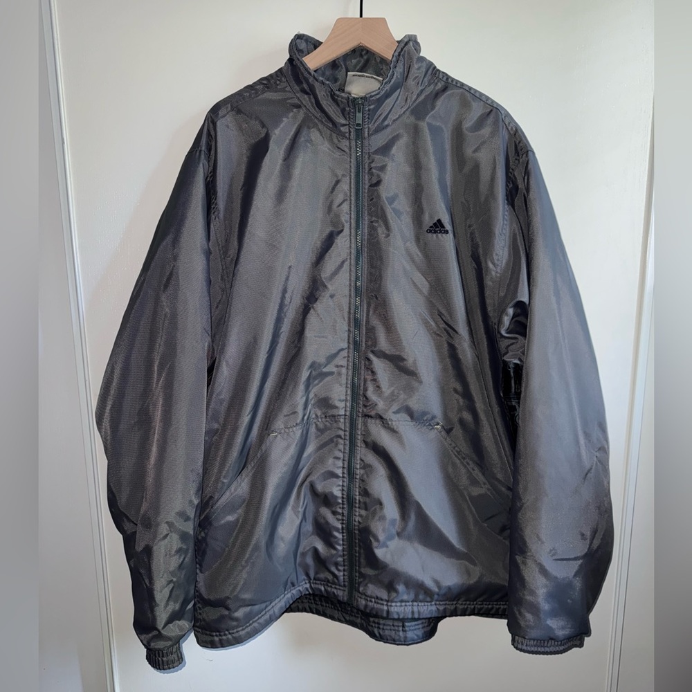Adidas Vintage Bar Logo Quilted Grey Polyester Zip Up Windbreaker Jacket Size XL